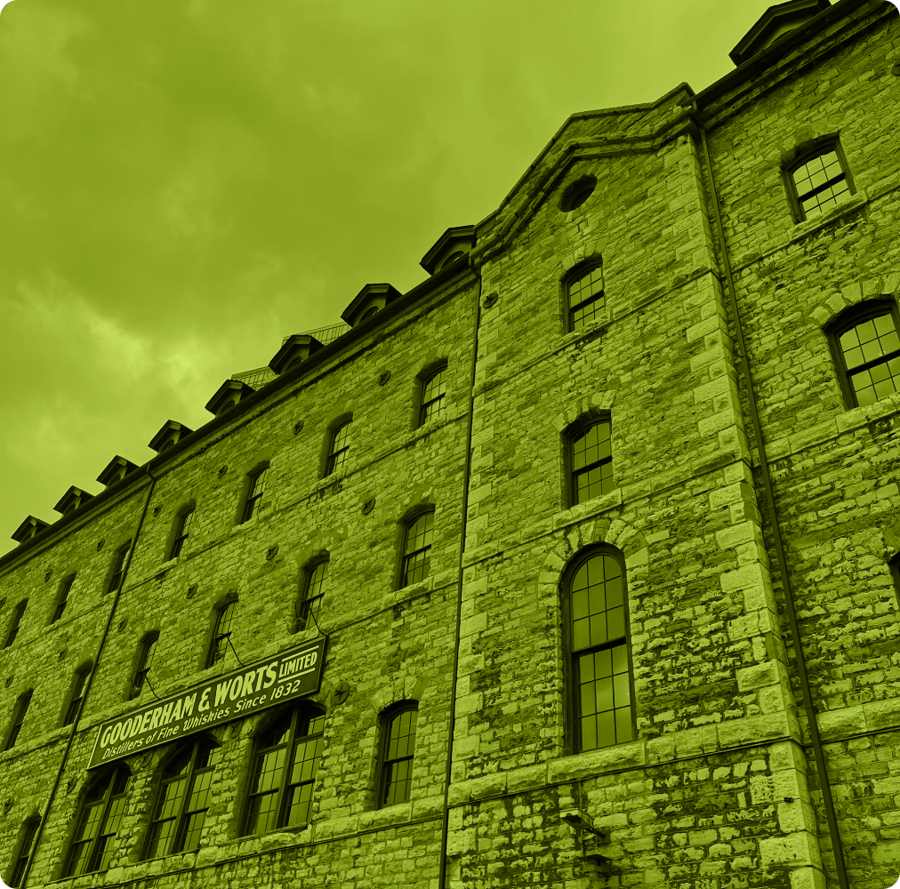 Close-up view of the Gooderham & Worts distillery building at the Distillery District in Toronto.